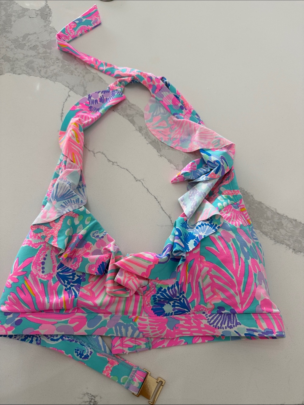 Lilly Pulitzer Pink Teal Floral Ruffle Halter Bikini Top
